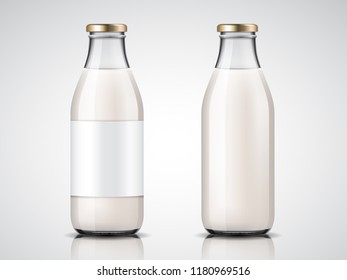 Glassware milk bottles with blank labels and lid or empty yogurt glass containers. Vegan drink and healthy farm non alcoholic beverage. Dairy and nutrition, drink and grocery theme