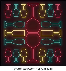 Glassware neon light icon. Restaurant service. Alcohol bar. Port and madeira glasses. Wineglasses. Strong drinks. Glowing sign with alphabet, numbers and symbols. Vector isolated illustration