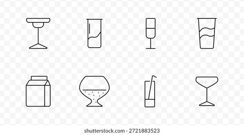 Icono de conjunto de cristalería y embalaje. Los vasos, cartones, flautas, vasos y recipientes muestran la presentación de bebidas, los niveles de líquidos y los estilos de empaque con diversas Formas de línea