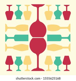 Glassware red, yellow and turquoise color icon. Restaurant service. Alcohol bar. Port and madeira glasses. Wineglasses. Strong drinks. Isolated vector illustration