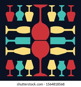 Glassware red, yellow and turquoise color icon. Restaurant service. Alcohol bar. Port and madeira glasses. Wineglasses on dark blue background. Isolated vector illustration