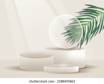 Glassware Round Frame Over 3D Podium Or Stage And Green Fir Leaves for Product Advertisement or Presentation Purpose. 