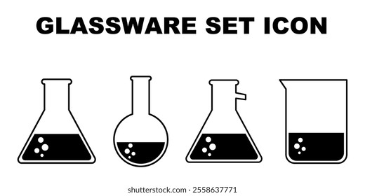 Glassware set doodle clip art icon illustration. Glassware set silhouette cartoon style. Science research things or laboratory things for education. Glassware flat illustration