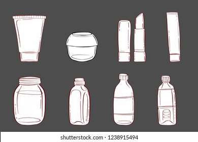 Glassware for storage. Hand drawn vector illustration set of cosmetic glassware. Black and white sketch of canning. Vector.  