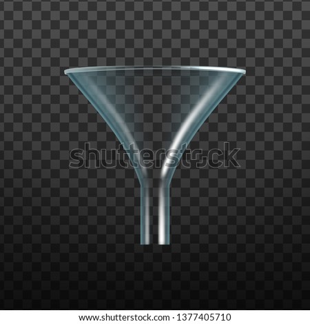 Glassware Transparent Laboratory Funnel Vector. Realistic Chemical Laboratory Filter Funnel Instrument Equipment Isolated Detailed Image On Transparency Grid Background. 3d Illustration