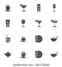 Glassware vector icons set, modern solid symbol collection, kitchen utensils filled style pictogram pack. Signs, logo illustration. Set includes icons as cocktail glass, wine glass, plate and cutlery