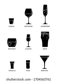 Glassware for vodka red wine champagne whiskey liquor beer tequila rum martini in style silhouette. Restaurant beverage alcoholic illustration for celebration design. Design contour element. Vector