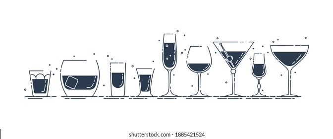 Glassware vodka whiskey rum tequila liquor red wine vermouth martini champagne beer line art in row in flat style. Restaurant alcoholic illustration for celebration design. Beverage outline icon.
