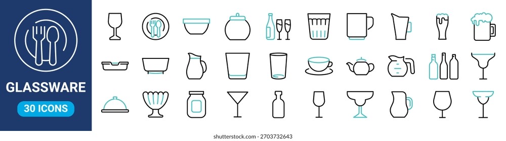 Glassware web line icons set . Editable stroke