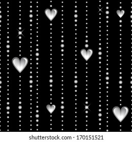 Glassy beads and hearts on a threads. Vector seamless pattern