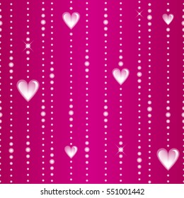 Glassy beads and hearts on a threads isolated on pink background. Vector seamless pattern