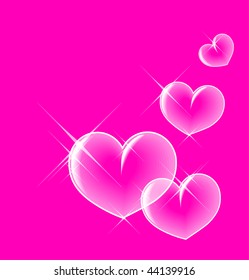 Glassy bubble hearts on rose background (vector)