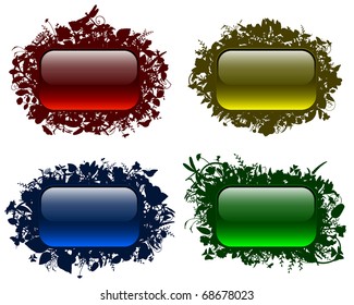 Glassy buttons in floral frames. Vector
