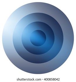 Glassy colorful radiating, concentric circles element. Glowing bright colorful icon, shape on white - Blue version