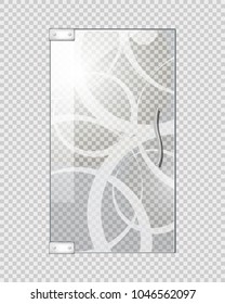 Glassy entrance door with wavy white lines and doorhandle on transparent checkered background. Vector illustration of isolated transparent glass door with decorative elements in flat design.