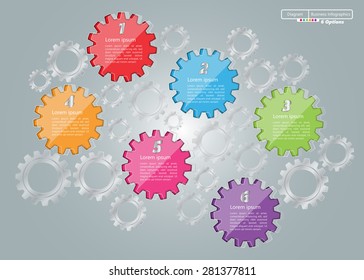 Glassy Gear/Miscellaneous Symbols with Number and Text Information Design. Workflow Layout & 6 Step Process Diagram. Vector Illustration