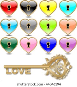 glassy hearts with keyhole vector (golden)