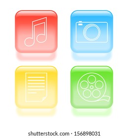 Glassy multimedia icons. Vector illustration.