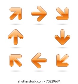 Glassy orange arrow icon web 2.0 button with drop shadow on white background