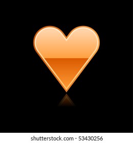 Glassy orange heart symbol web button with reflection. Black background