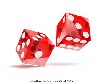 glassy rolling red dice with white dots, isolated on white, EPS10 vector