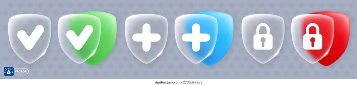 Escudos vidriosos con garrapatas, cruces, señales de bloqueo. Los íconos o Botones están hechos de vidrio translúcido mate con bordes brillantes y efecto morfismo de vidrio. Concepto de seguridad y protección. Ilustración vectorial 3D