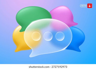 Burbuja de habla vidriosa con efecto de morfismo de vidrio. Burbujas coloreadas del discurso en el fondo. Signo de Asistencia, Botón de chat. Cuadro de diálogo, charla, hablar y concepto de hecho divertido. ¿Sabías de signos. Vector