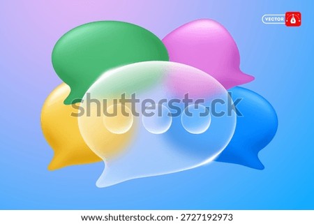 Glassy speech bubble with glassmorphism effect. Colored speech bubbles on background. Support sign, chat button. Dialogue box, chatting, talking and fun fact concept. Did you know sign. Vector