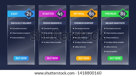 Glassy tariff plans comparison. Tariffs price list, buy banners and website pricing chart transparent glass vector set