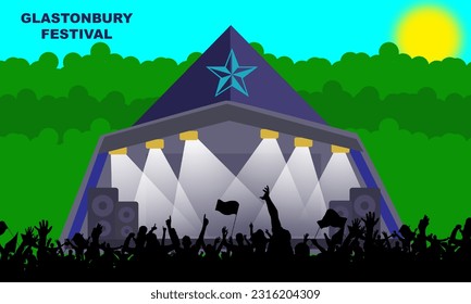 the Glastonbury stage with silhouettes of people watching the festival. Held every year at Worthy Farm in Pilton, Somerset, U.K. commemorate Glastonbury Festival
