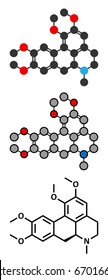 Glaucine alkaloid molecule. Found in yellow hornpoppy (Glaucium flavum) and a number of other plants. Conventional skeletal formula and stylized representations.