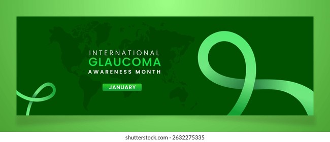 Glaucoma awareness campaign banner with Green ribbon symbols on gradient pastel light Green background and space for text.