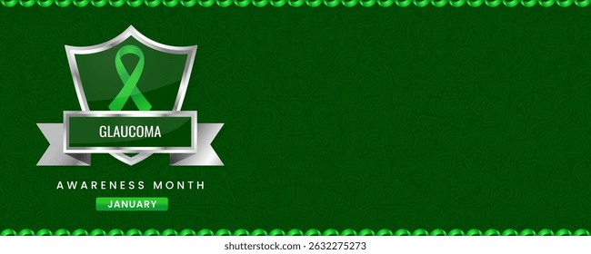 Glaucoma Awareness Month banner, with Green ribbon, shield and space for text. Design for Banner or Header.