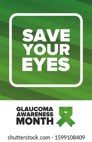 Glaucoma Awareness Month. Celebrate annual in January. Vision problems. Save your eyes. Prevention and protection. Green ribbon. Medical healthcare concept. Poster, banner and background. Vector