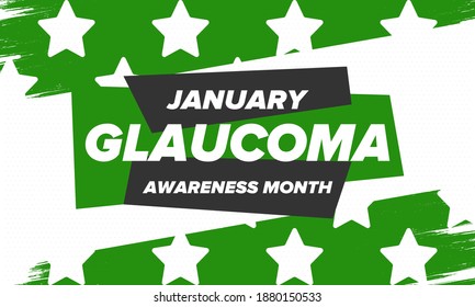Glaucoma Awareness Month. Celebrate annual in January. Vision problems. Save your eyes. Prevention and protection. Green ribbon. Medical healthcare concept. Poster, banner and background. Vector