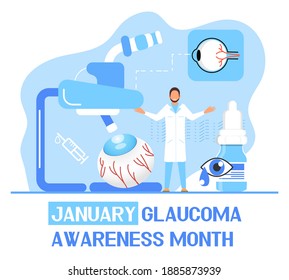 Glaucoma Awareness Month is celebrated in USA in January. Lenticular opacity diagnosis. Ophthalmologist eyesight check up with tiny people character. Optometric healthcare vector illustration.