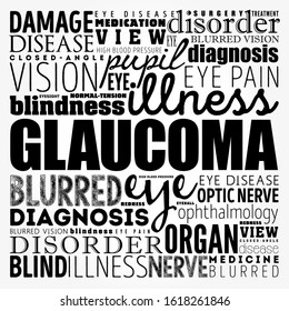 Glaucoma is a group of eye diseases that result in damage to the optic nerve (or retina) and cause vision loss, word cloud medical concept background