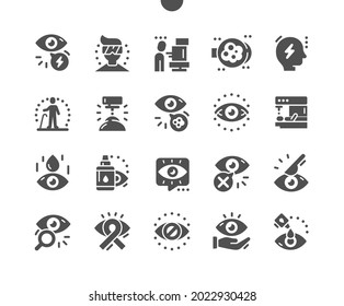 Glaucoma. Laser eye surgery. Eye drops. Glaucoma headache. Blinded eye. Health care, medical and medicine. Vector Solid Icons. Simple Pictogram