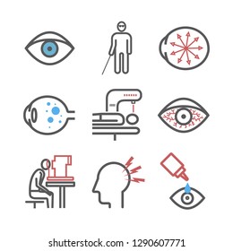 Glaucoma. Symptoms, Treatment. Line icons set. Vector signs for web graphics.