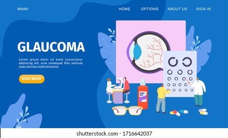 Glaucoma treatment landing, vector illustration. Medical professional ophthalmologist eyesight check up. Clinic website page, health care by special glasses, pharmaceutical drops and pills.