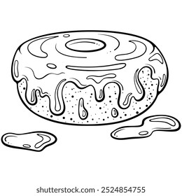 Glaze donut side view. Dessert with melted chocolate. Vector illustration in hand drawn sketch doodle style. Line art isolated on white for coloring book, print