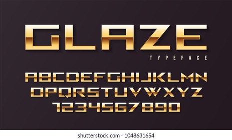 Glaze vector shiny golden display font design, alphabet, character set, typeface, typography, letters and numbers. Swatch color control.