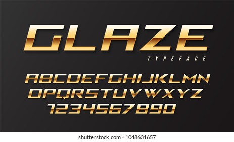 Glaze vector shiny golden display font design, alphabet, character set, typeface, typography, letters and numbers. Swatch color control.
