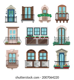 Glazed balcony and bay windows set in a classic style flat vector illustration