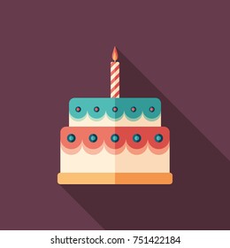 Glazed birthday cake flat square icon with long shadows.