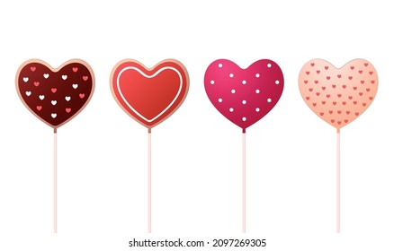 Glazed cake pops set in realistic style. Vector heart-shaped icons of desserts isolated on white backdrop
