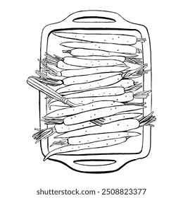 Ingredientes de comida de cenoura vidrada para cozinhar receita. Conjunto de Ilustrações de Esboço de Vetor