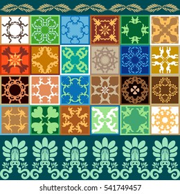 Glazed ceramic set. Colorful vintage tiles with floral and geometrical patterns. Spanish, Italian, Portuguese, Turkish motifs. Gradation of terracotta, green and blue shadows.