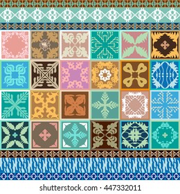 Glazed ceramic tiles with colorful borders. Oriental, Tunisian, Moroccan, Spanish motifs. Geometric ornaments, floral prints. Terracotta collection.
