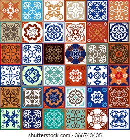 Glazed ceramic tiles Mega set. Colorful vintage tiles with floral and geometrical patterns, Spanish, Italian, Portuguese and oriental motifs. Gradation of terracotta and blue shadows.